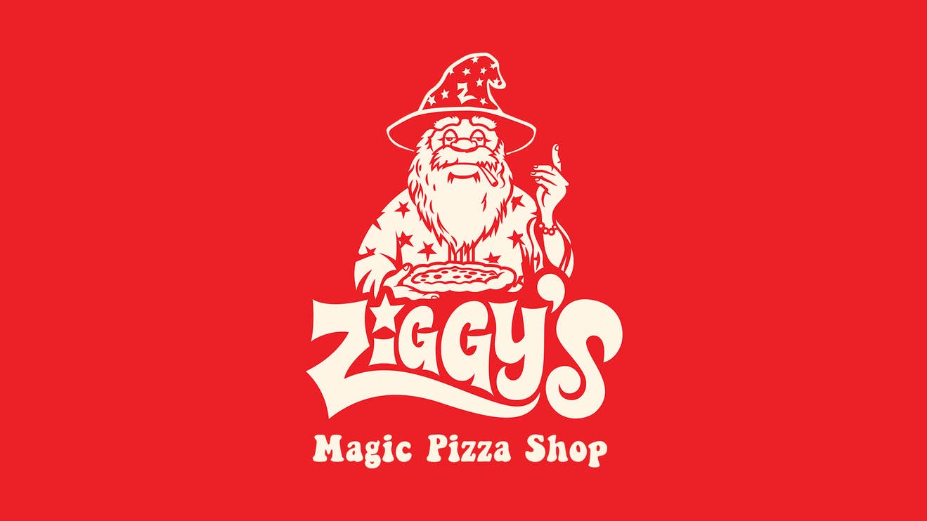 Ziggy's Magic Pizza Shop Logo on a red background